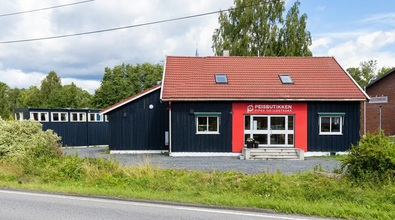Peisbutikkens showroom på Kolsås i Bærum — fasade og inngang